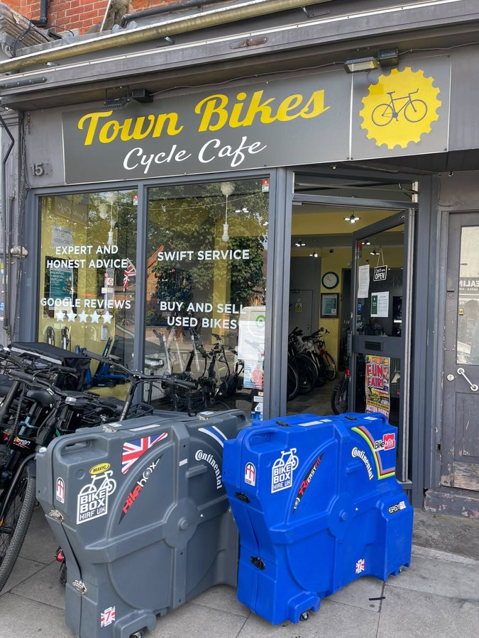 Bike Box Hire UK boxes at Town Bikes Cycle Cafe